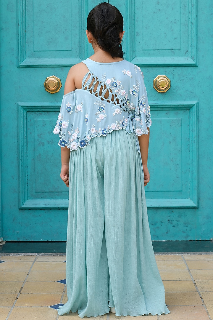 Blue Thread Embroidered Jumpsuit For Girls by Littleens at Pernia's Pop Up Shop