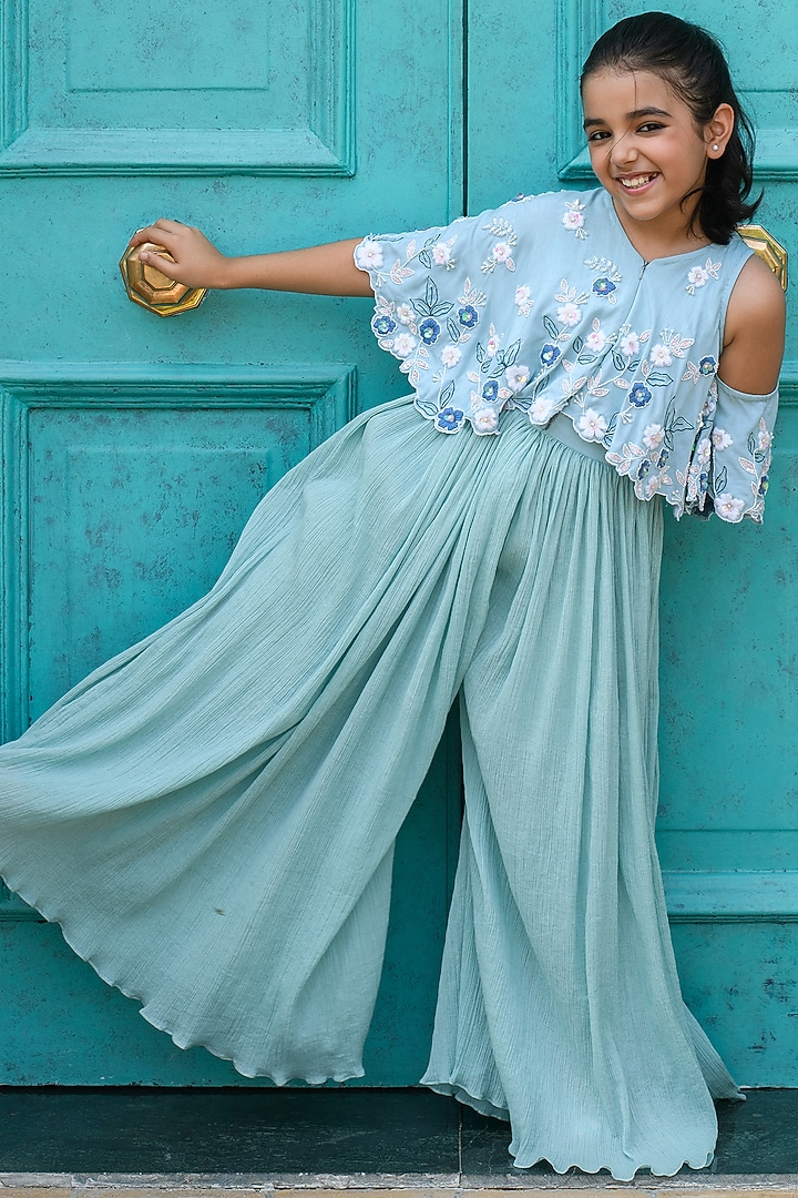 Blue Thread Embroidered Jumpsuit For Girls by Littleens at Pernia's Pop Up Shop