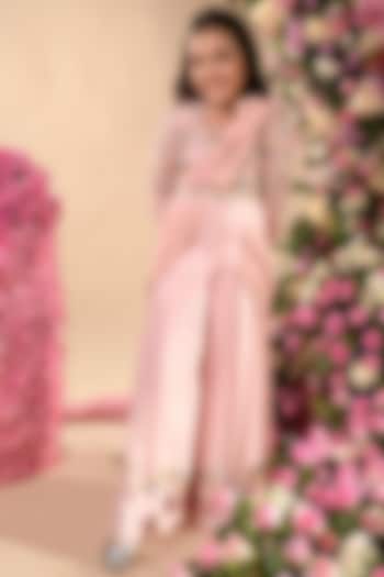 Pink Chinon Sharara Saree Set For Girls by Littleens