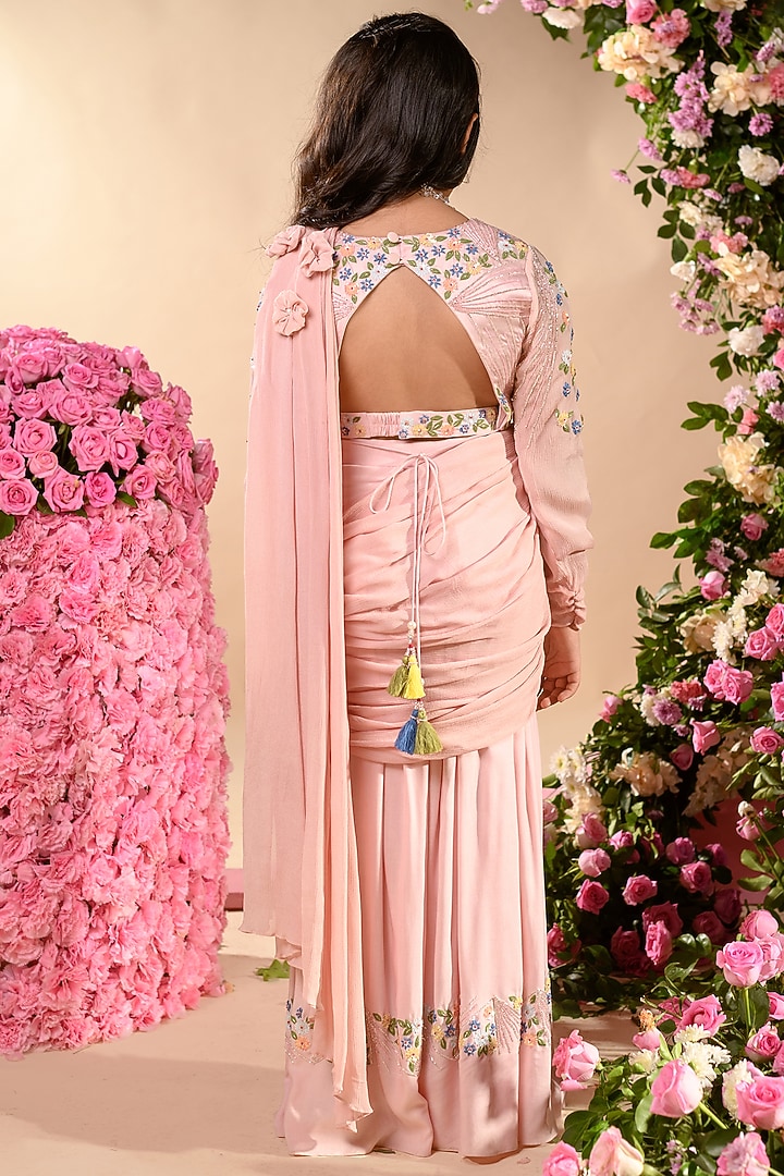Pink Chinon Sharara Saree Set For Girls by Littleens at Pernia's Pop Up Shop