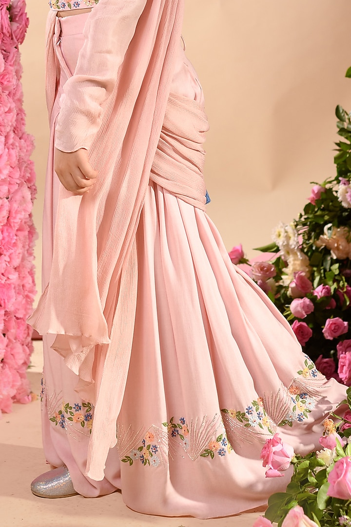 Pink Chinon Sharara Saree Set For Girls by Littleens at Pernia's Pop Up Shop