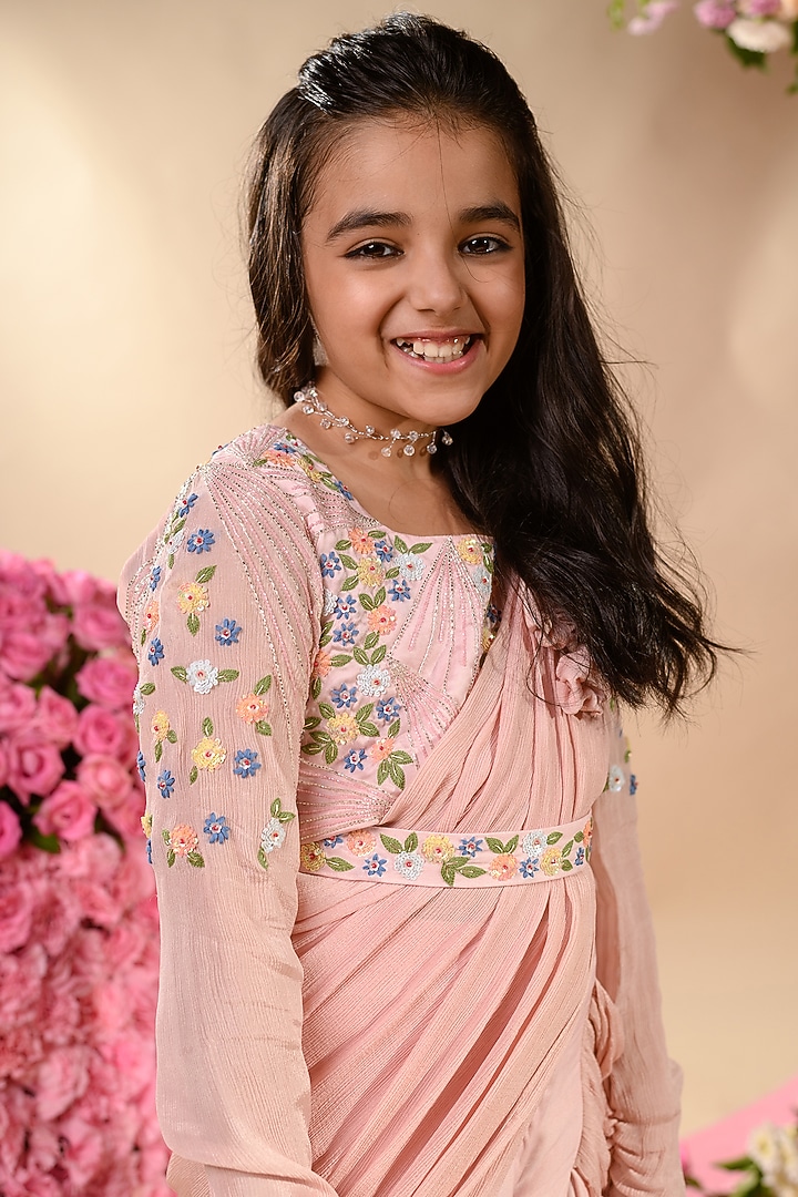 Pink Chinon Sharara Saree Set For Girls by Littleens at Pernia's Pop Up Shop