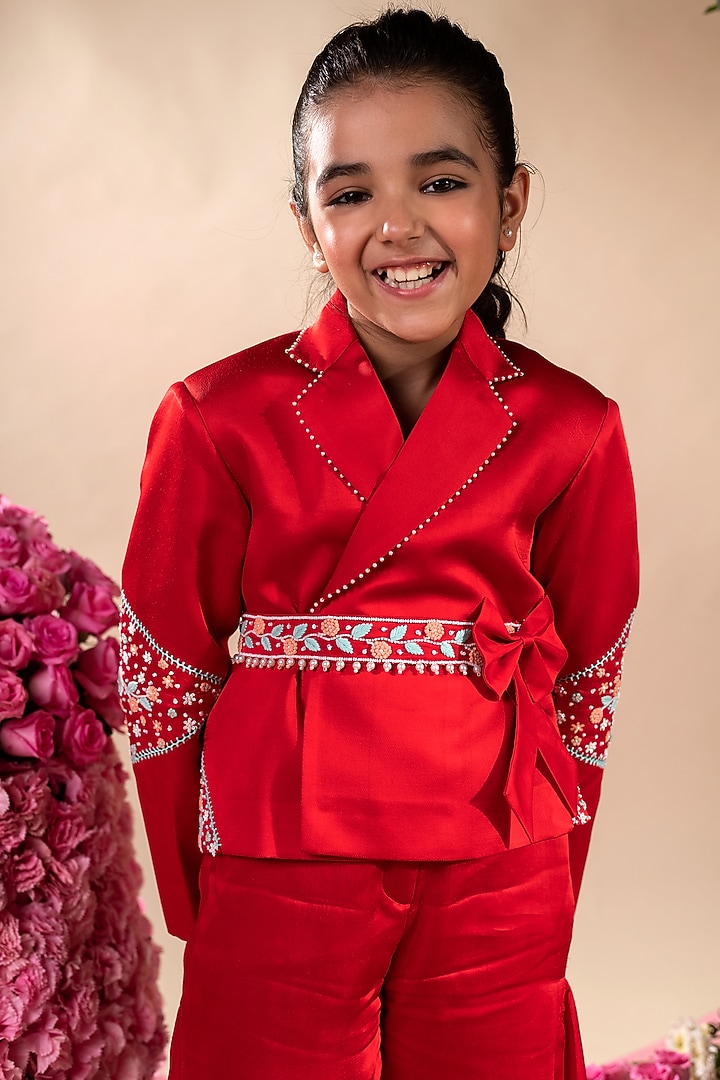 Red German Satin Pant Set For Girls by Littleens at Pernia's Pop Up Shop