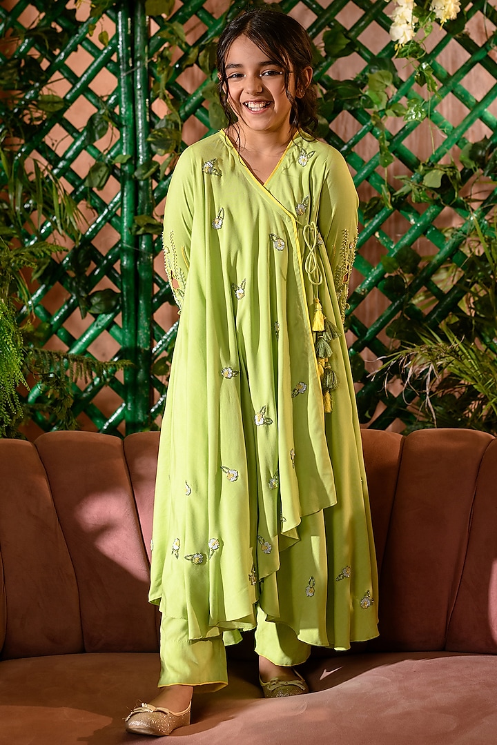 Green Embroidered Angrakha Kurta Set For Girls by Littleens