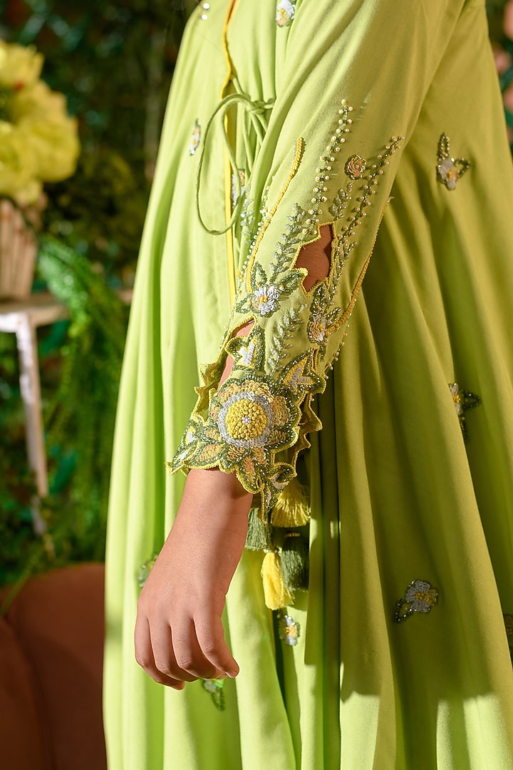 Green Embroidered Angrakha Kurta Set For Girls by Littleens at Pernia's Pop Up Shop
