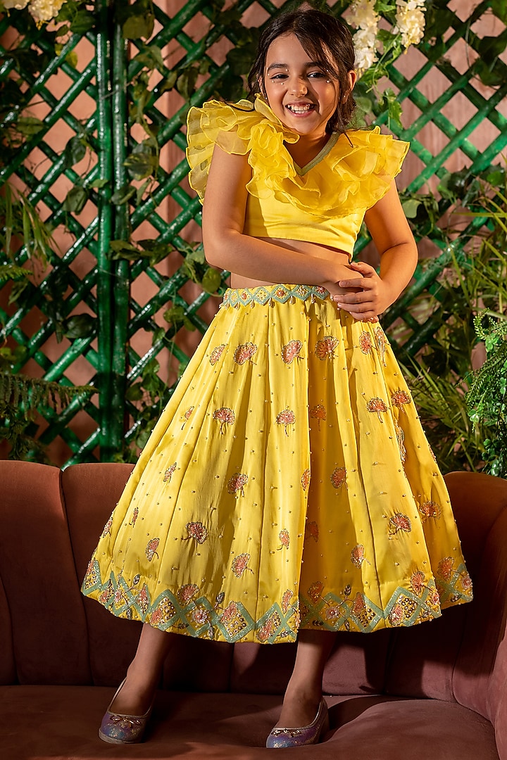 Yellow Embroidered Short Lehenga Set For Girls by Littleens