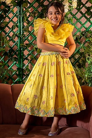 Yellow Embroidered Short Lehenga Set For Girls by Littleens