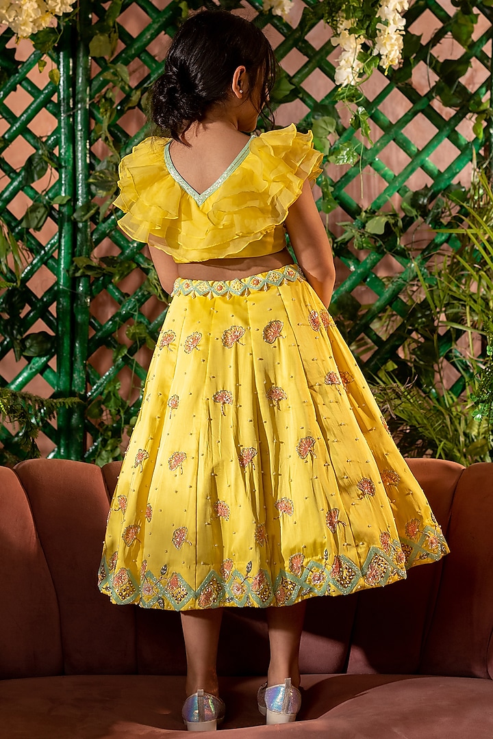 Yellow Embroidered Short Lehenga Set For Girls by Littleens at Pernia's Pop Up Shop