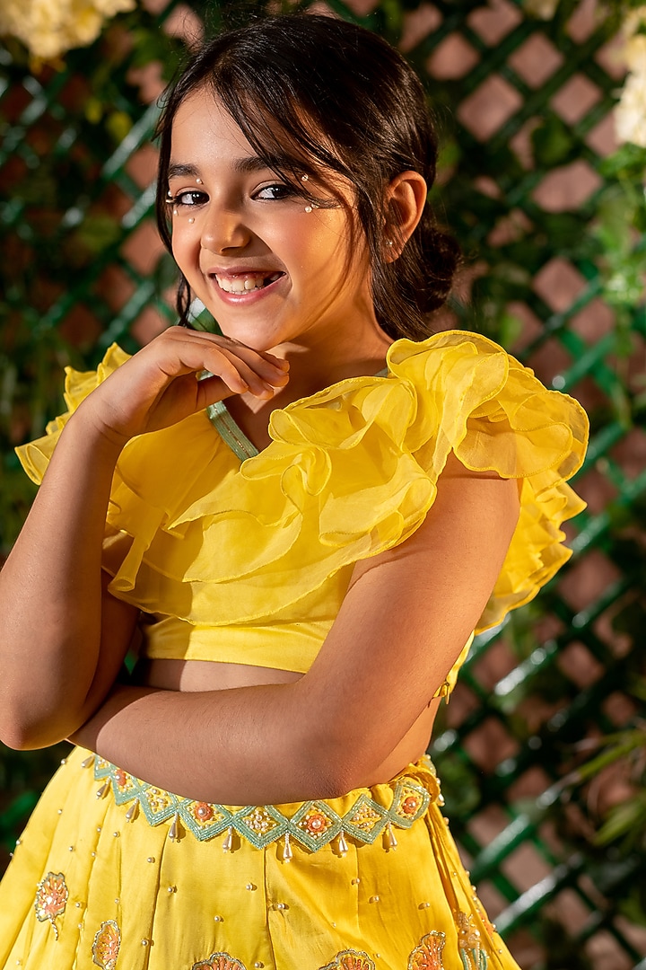 Yellow Embroidered Short Lehenga Set For Girls by Littleens at Pernia's Pop Up Shop