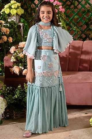 Blue Crushed Cotton Lehenga Set For Girls by Littleens