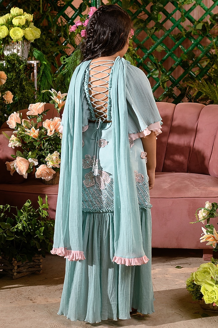 Blue Crushed Cotton Lehenga Set For Girls by Littleens at Pernia's Pop Up Shop