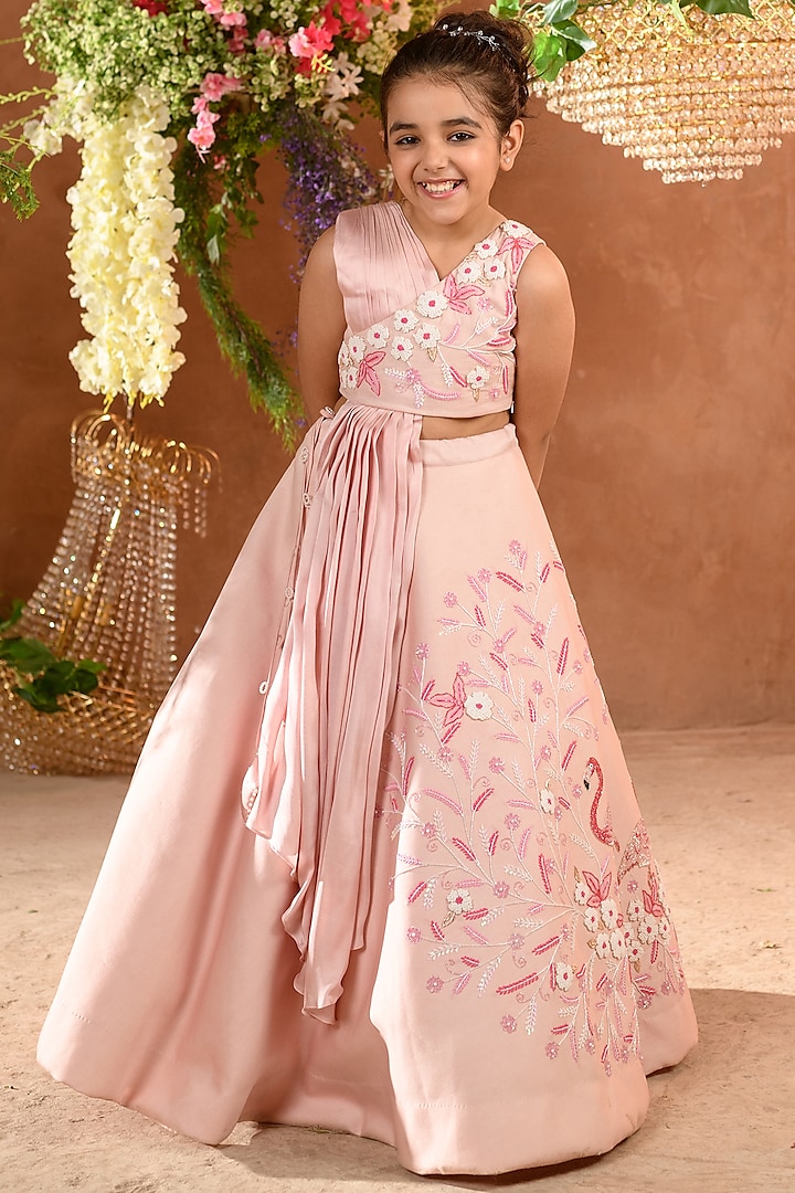 Pink Motif Embroidered Lehenga Set For Girls by Littleens