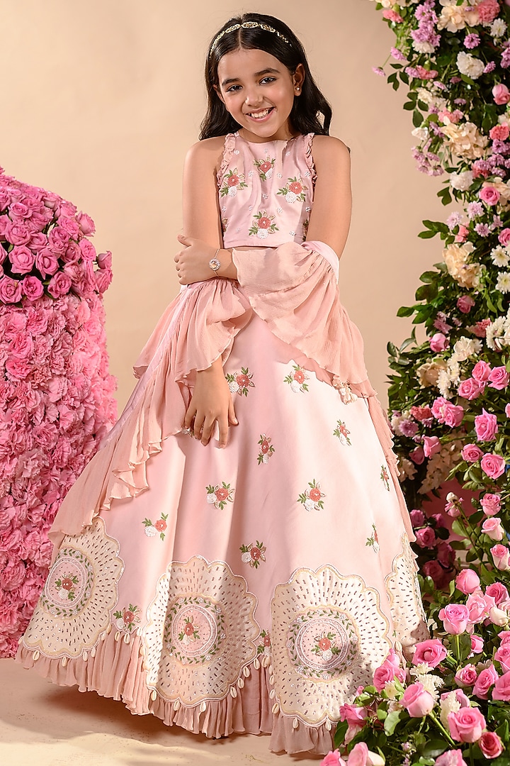 Pink Embroidered Lehenga Set For Girls by Littleens