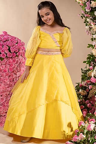 Canary Yellow Embroidered Lehenga Set For Girls by Littleens