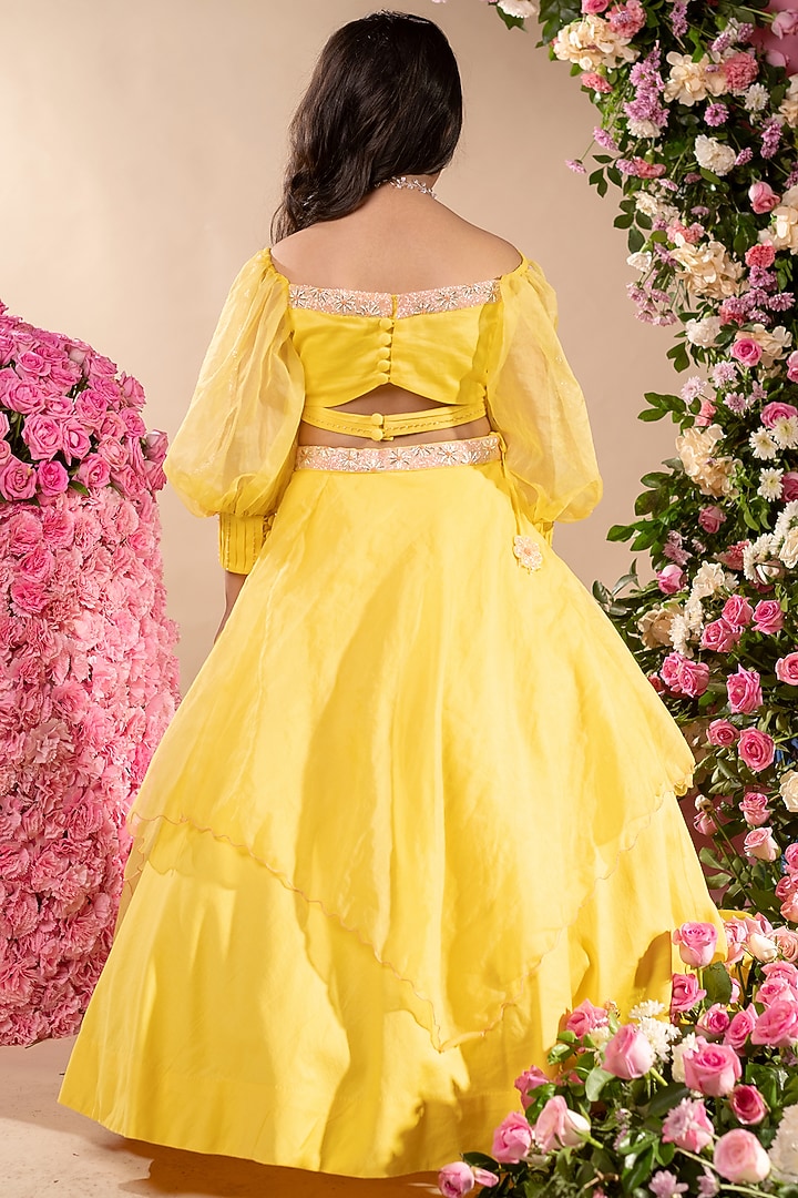 Canary Yellow Embroidered Lehenga Set For Girls by Littleens at Pernia's Pop Up Shop