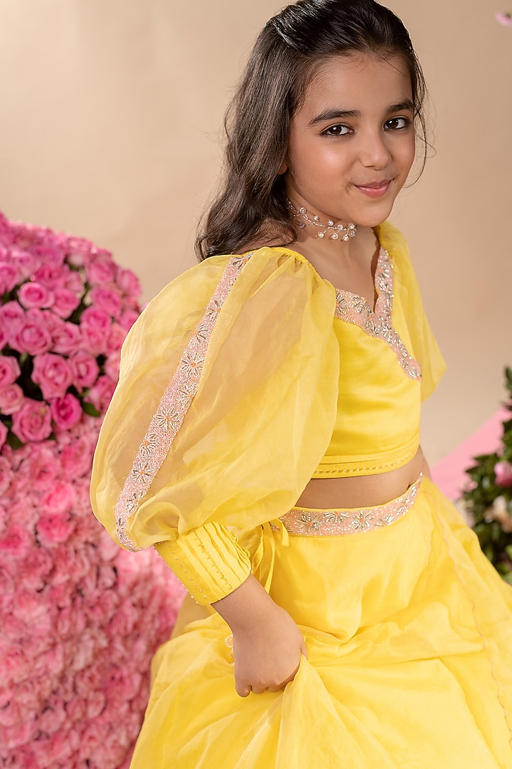 Canary Yellow Embroidered Lehenga Set For Girls by Littleens at Pernia's Pop Up Shop
