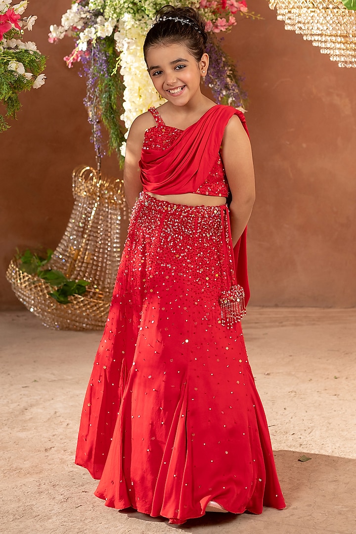 Red Embroidered Lehenga Set For Girls by Littleens