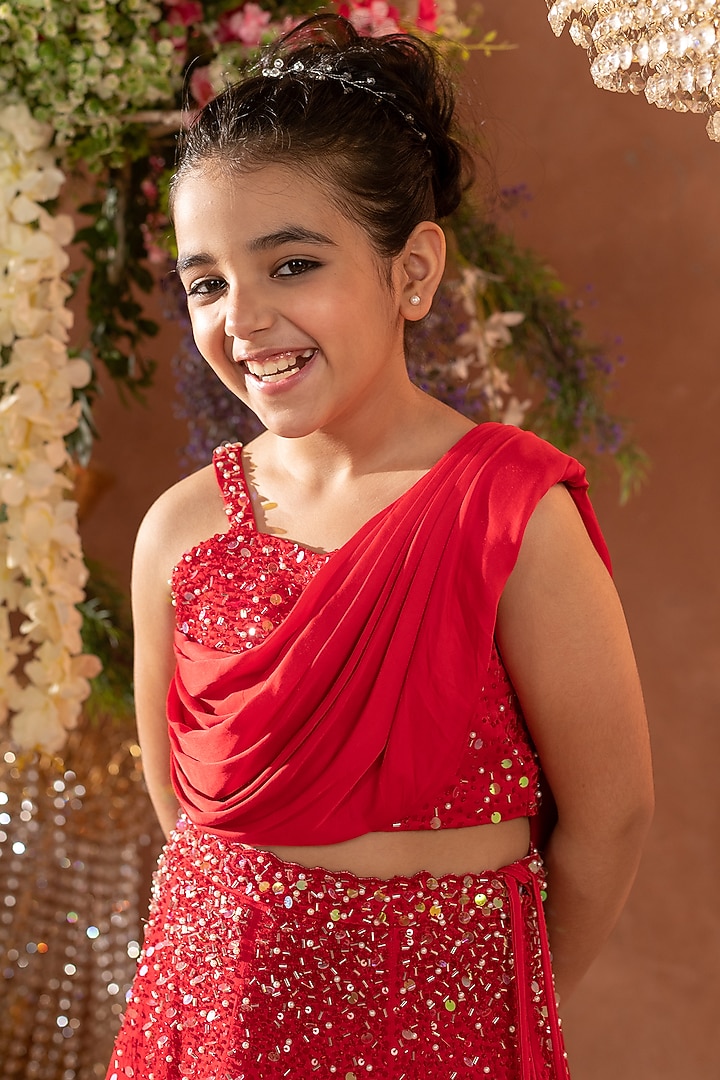 Red Embroidered Lehenga Set For Girls by Littleens at Pernia's Pop Up Shop