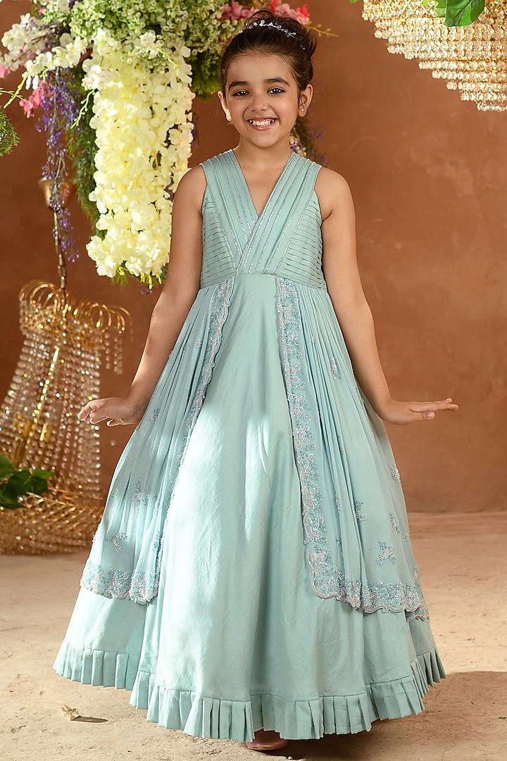 Blue Embroidered Gown For Girls by Littleens