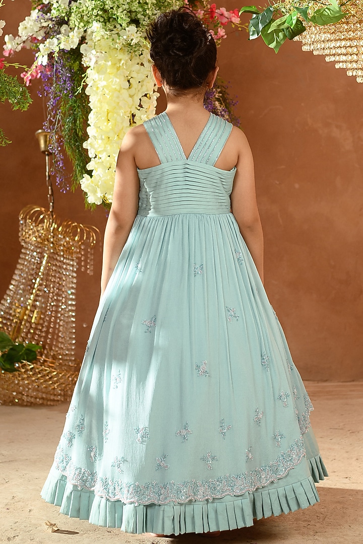 Blue Embroidered Gown For Girls by Littleens at Pernia's Pop Up Shop