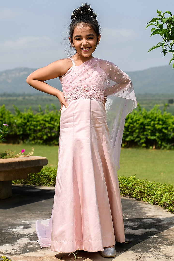 Rose Pink Embroidered Gown For Girls by Littleens
