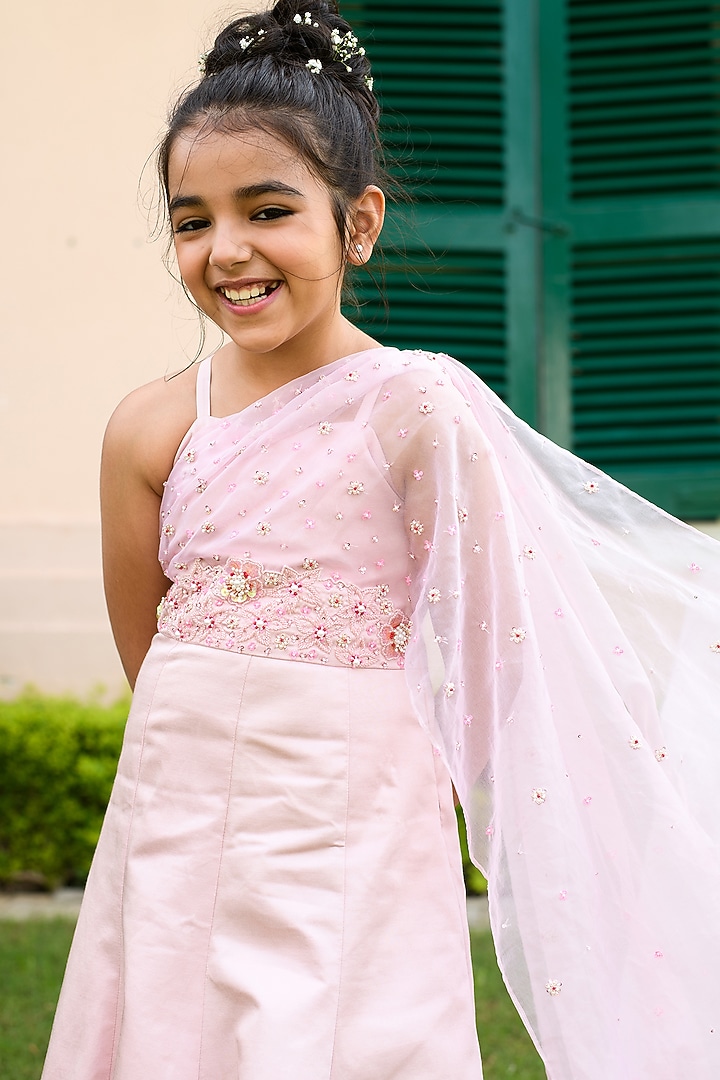 Rose Pink Embroidered Gown For Girls by Littleens at Pernia's Pop Up Shop