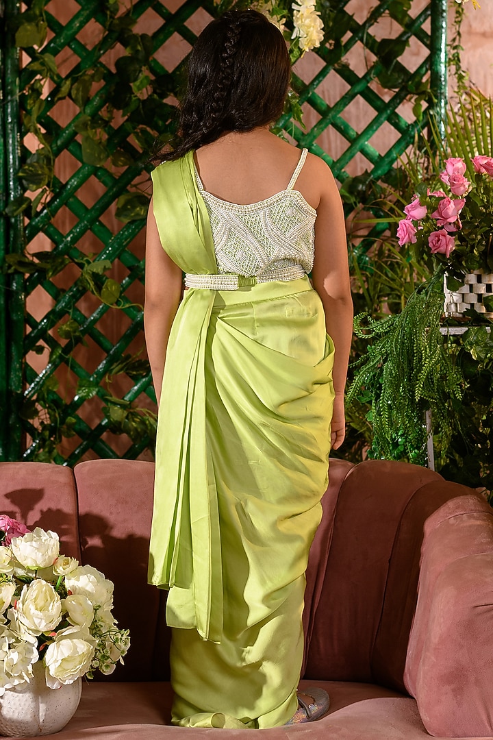 Green German Satin Draped Saree Set For Girls by Littleens at Pernia's Pop Up Shop
