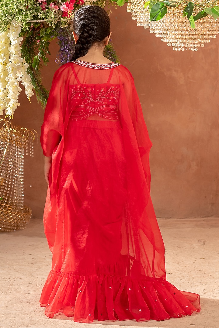 Red German Satin Draped Skirt Set For Girls by Littleens at Pernia's Pop Up Shop