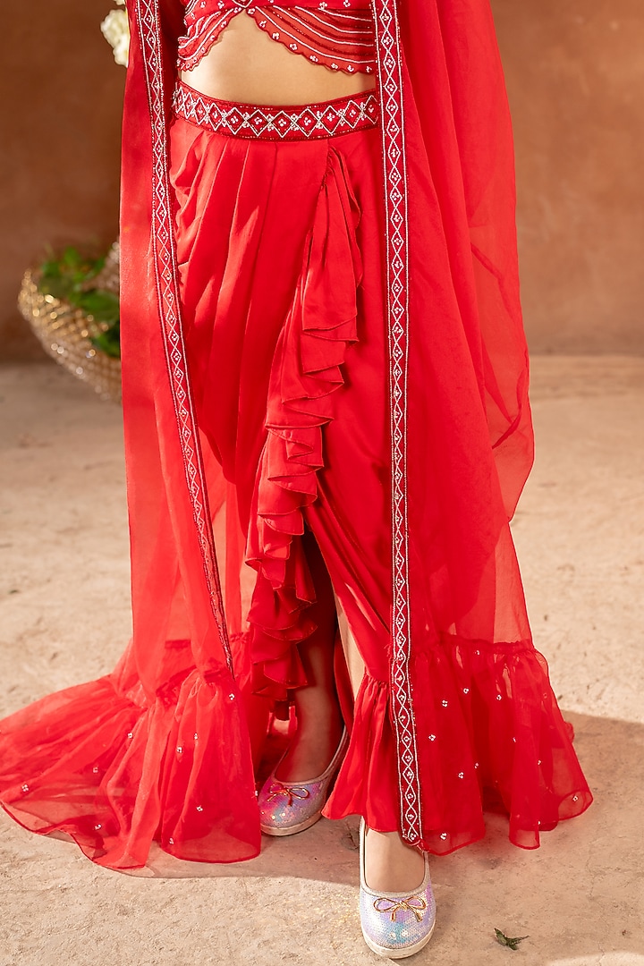 Red German Satin Draped Skirt Set For Girls by Littleens at Pernia's Pop Up Shop