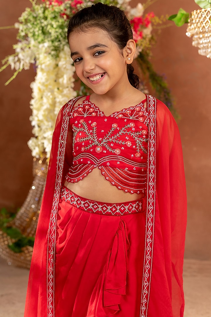 Red German Satin Draped Skirt Set For Girls by Littleens at Pernia's Pop Up Shop
