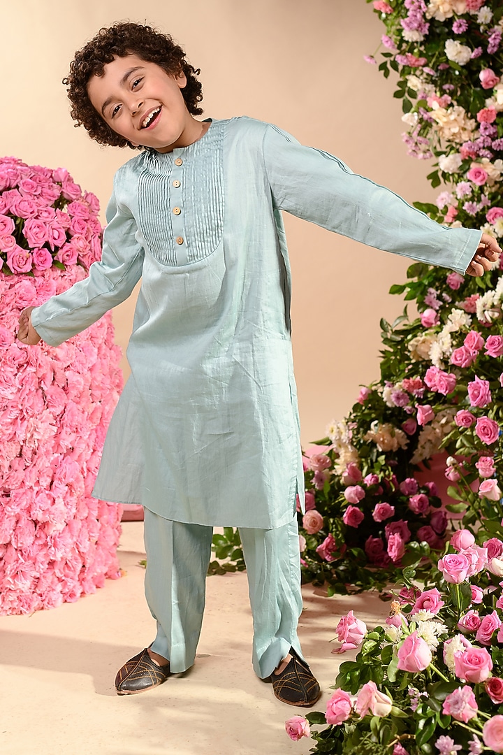 Celestial Blue Vegan Silk Kurta Set For Boys by Littleens at Pernia's Pop Up Shop