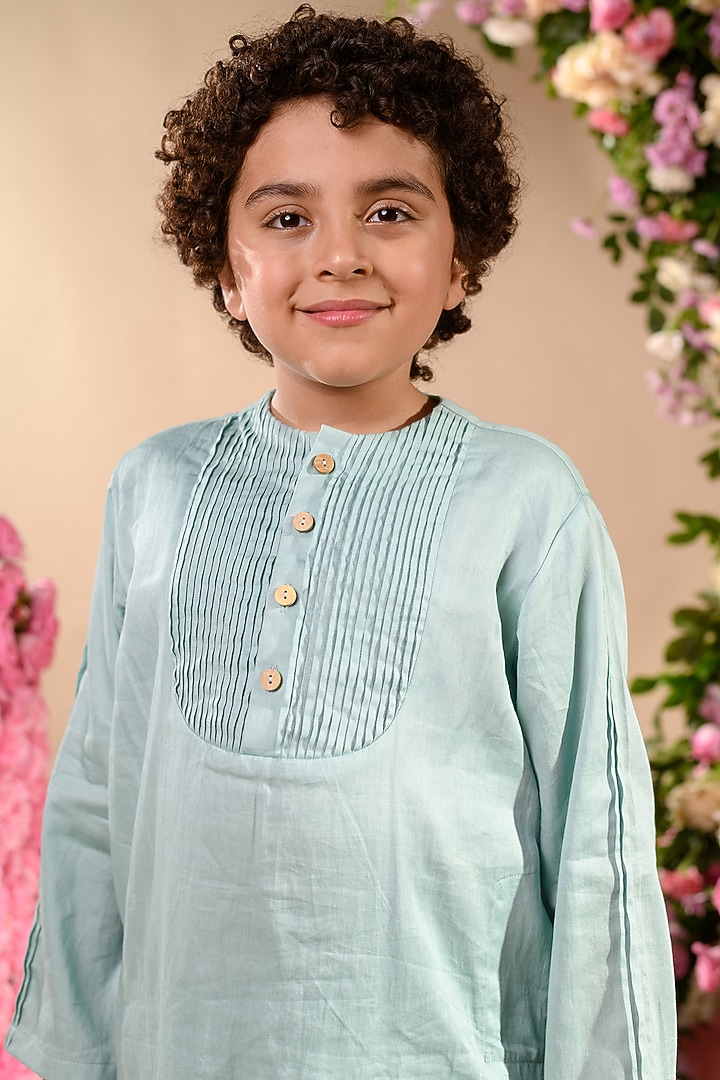 Celestial Blue Vegan Silk Kurta Set For Boys by Littleens at Pernia's Pop Up Shop