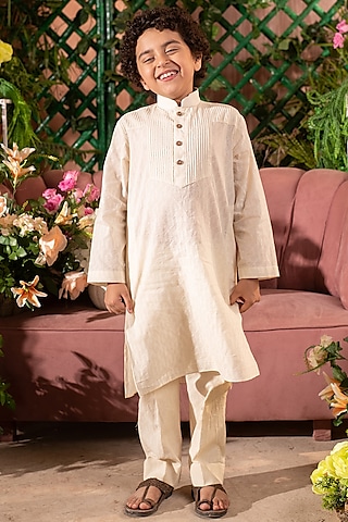 Cream Cotton Dobby Kurta Set For Boys by Littleens