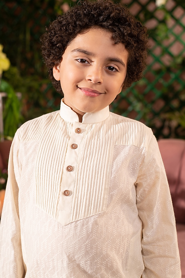 Cream Cotton Dobby Kurta Set For Boys by Littleens at Pernia's Pop Up Shop