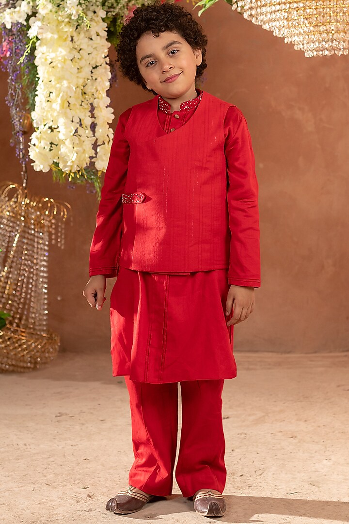 Red Embroidered Nehru Jacket In Kurta Set For Boys by Littleens