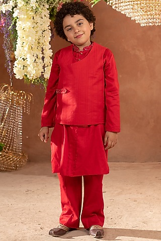 Red Embroidered Nehru Jacket In Kurta Set For Boys by Littleens