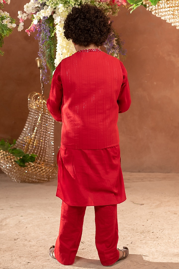 Red Embroidered Nehru Jacket In Kurta Set For Boys by Littleens at Pernia's Pop Up Shop