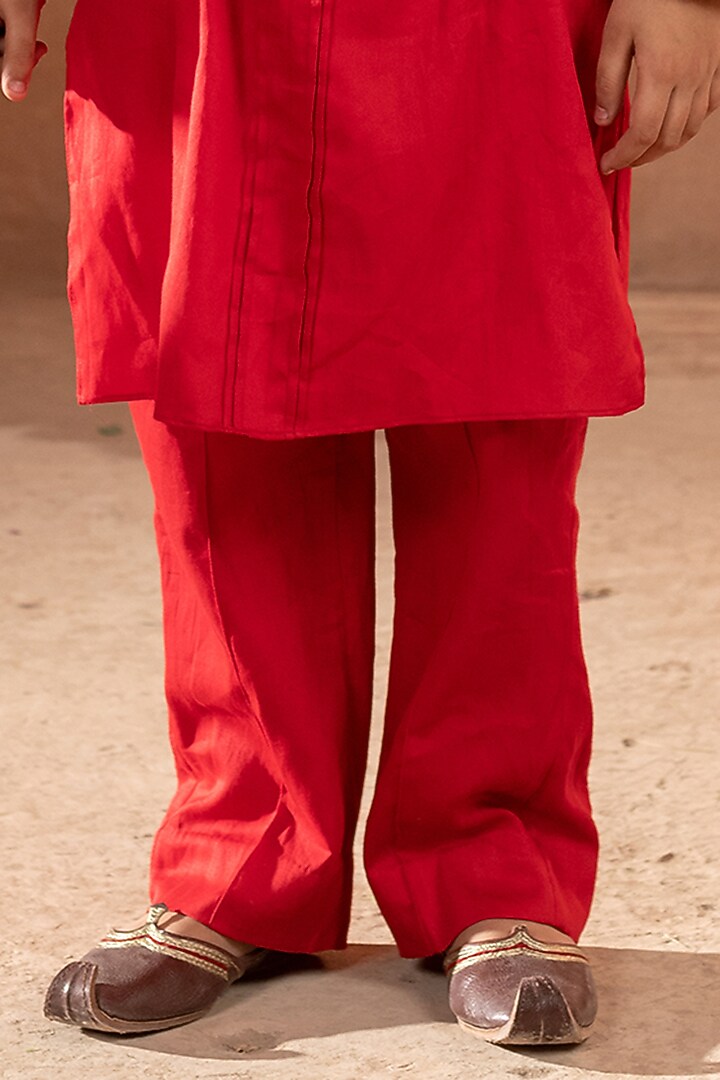 Red Embroidered Nehru Jacket In Kurta Set For Boys by Littleens at Pernia's Pop Up Shop