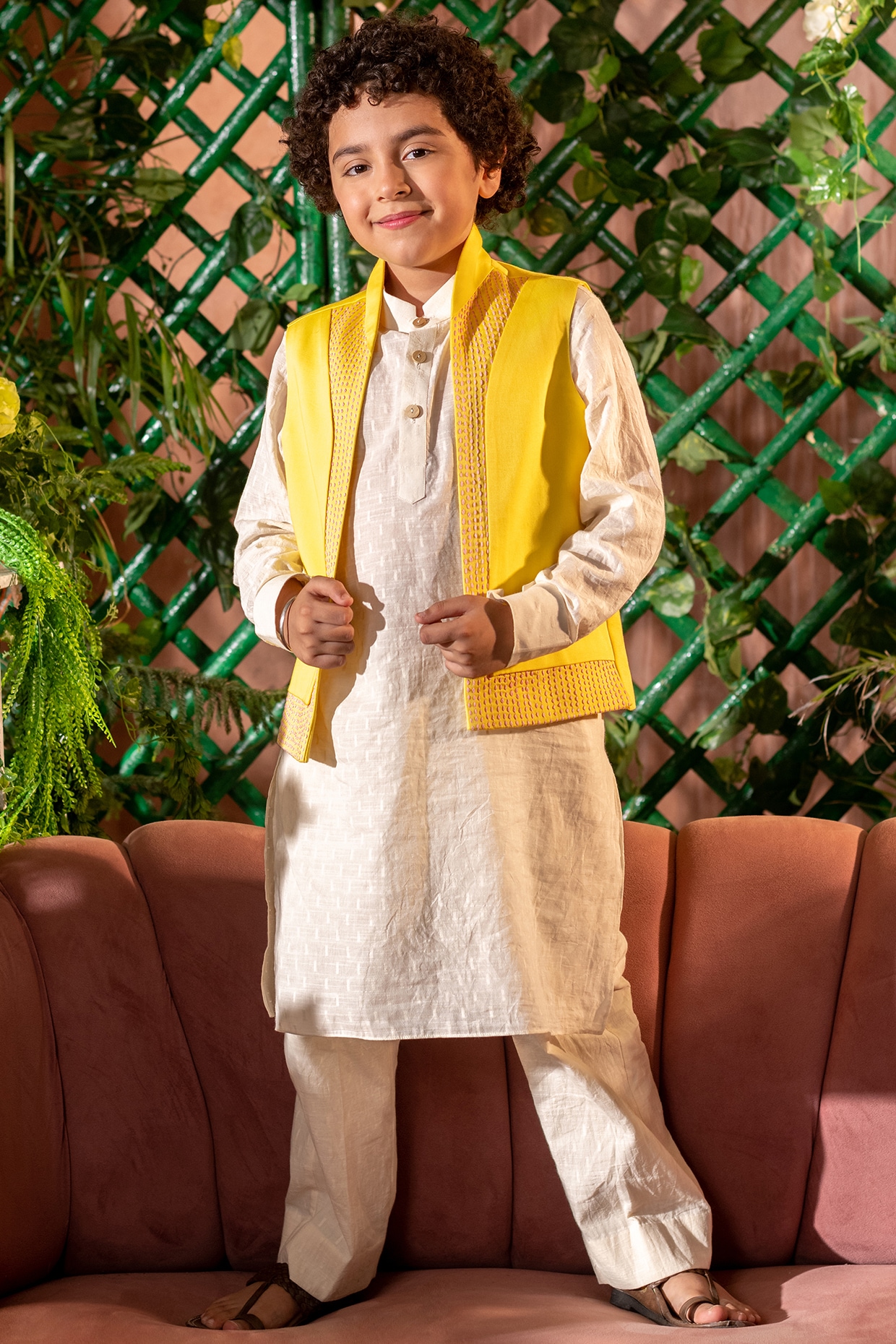 Buy Honey Yellow Jacket Kurta Set In Silk With Bandhani Print