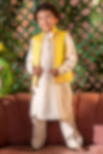 Yellow Cotton Dobby Nehru Jacket With Kurta Set For Boys by Littleens