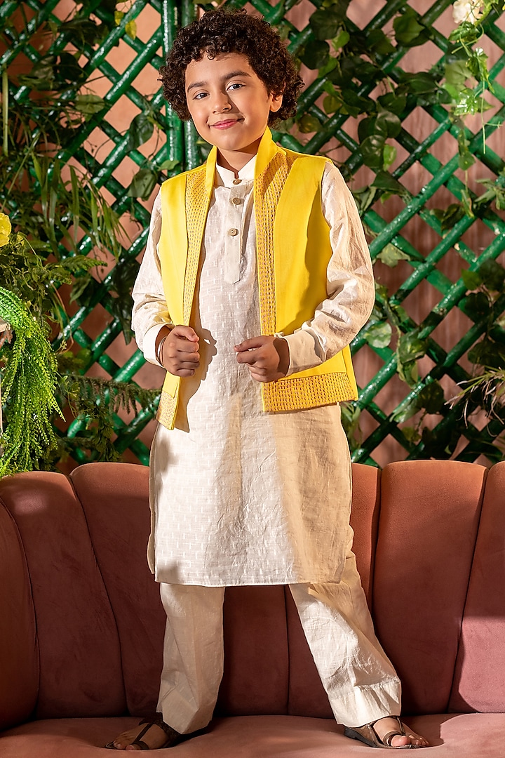 Yellow Cotton Dobby Nehru Jacket With Kurta Set For Boys by Littleens