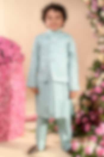 Blue Embroidered Nehru Jacket With Kurta Set For Boys by Littleens
