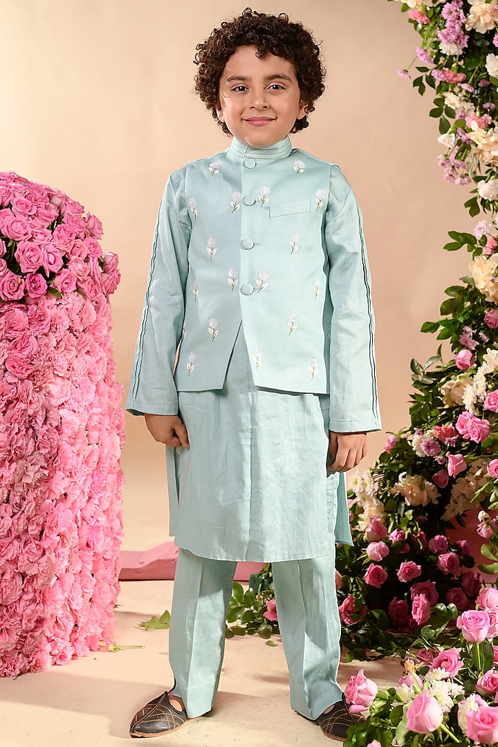 Blue Embroidered Nehru Jacket With Kurta Set For Boys by Littleens