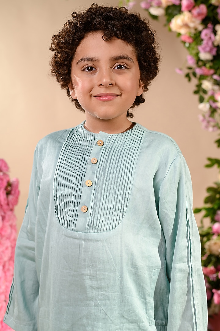 Blue Embroidered Nehru Jacket With Kurta Set For Boys by Littleens at Pernia's Pop Up Shop