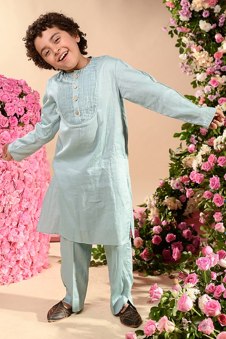 Blue Embroidered Nehru Jacket With Kurta Set For Boys by Littleens at Pernia's Pop Up Shop