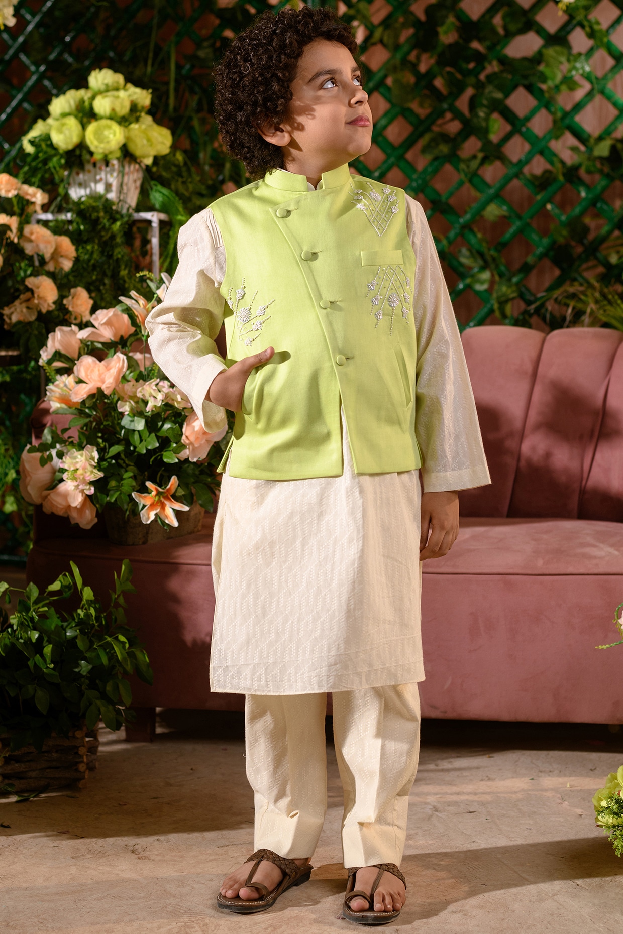 Green kurta hotsell with nehru jacket