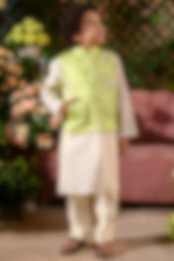 Green Embroidered Nehru Jacket With Kurta Set For Boys by Littleens