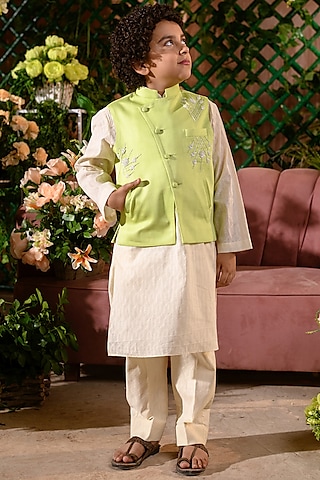 Green Embroidered Nehru Jacket With Kurta Set For Boys by Littleens