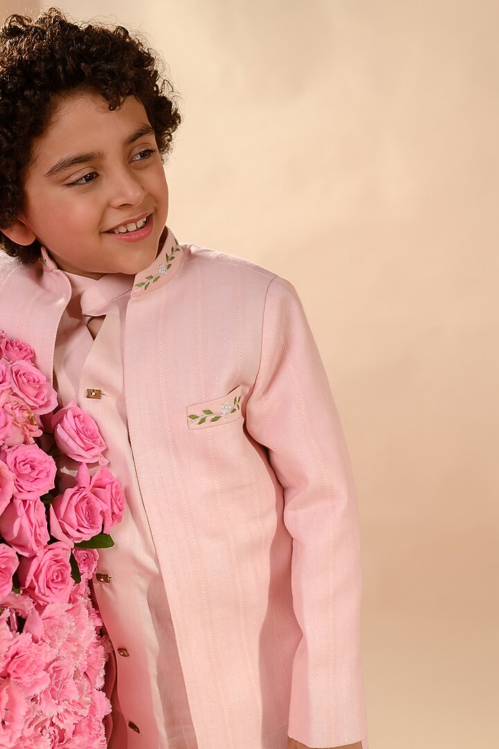 Pink Embroidered Achkan Jacket Set For Boys by Littleens at Pernia's Pop Up Shop
