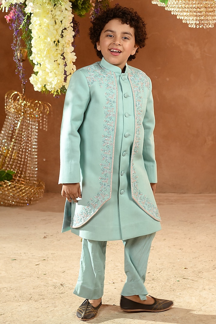 Blue Embroidered Achkan Jacket Set For Boys by Littleens at Pernia's Pop Up Shop